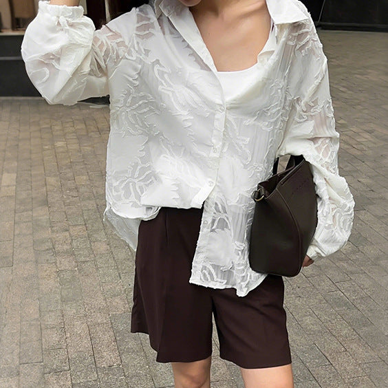 European and American design sense light luxury jacquard long-sleeved white shirt 2025 autumn  women's clothing new niche perspective cardigan