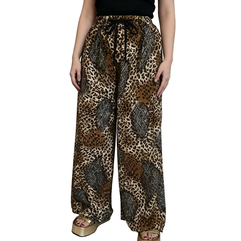 C7768 cross-border  new women's rhinestone drawstring wide-leg pants, vintage animal print casual trousers
