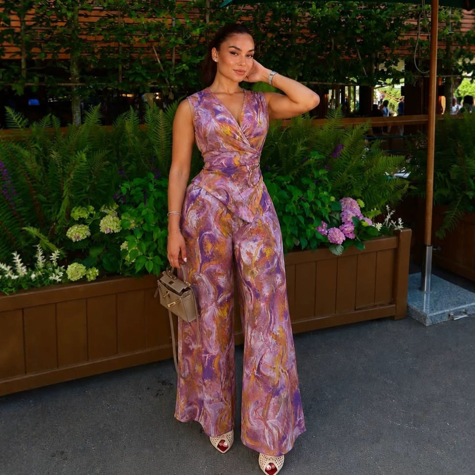 European and american cross-border women's fashion  summer new sexy elegant v-neck printed sleeveless top wide-leg pants set