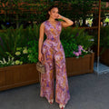 European and american cross-border women's fashion  summer new sexy elegant v-neck printed sleeveless top wide-leg pants set
