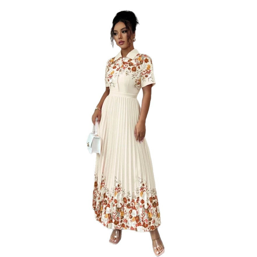 european and american new retro orange blossom patchwork shirt dress with turn-down collar, short sleeves, cinched waist, and long pleated skirt