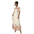 european and american new retro orange blossom patchwork shirt dress with turn-down collar, short sleeves, cinched waist, and long pleated skirt