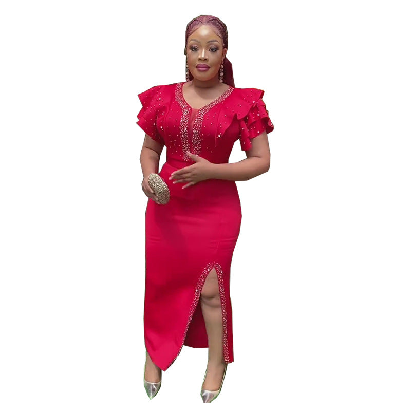 Special offer: african women's plus size slim-fit stretch maxi dress with beaded ruffle shoulder – trendy export style