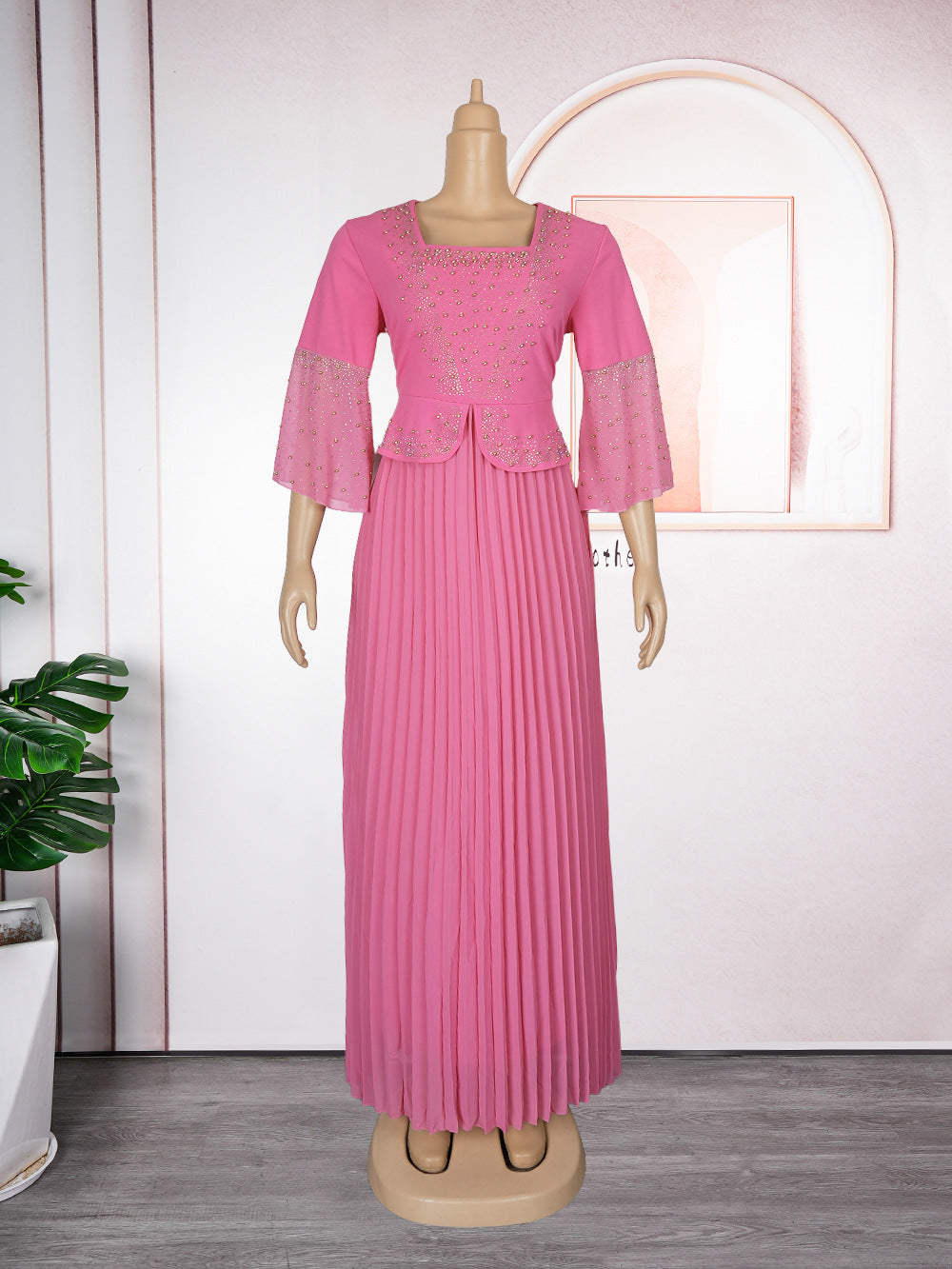 african plus size  beaded pure colordressfashionexport women's clothing fake two-piece set pleated skirt