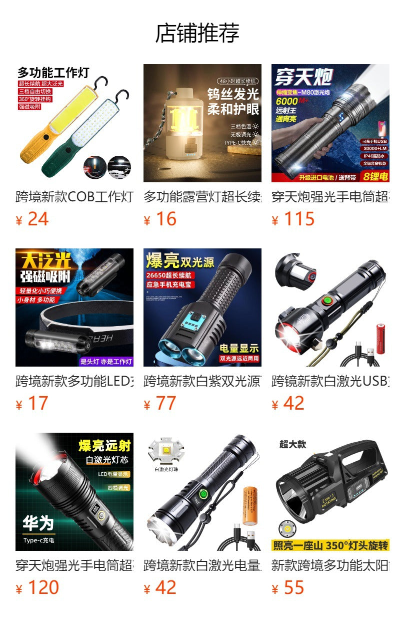 Cross-border new multi-function strong light USB charging display double switch, telescopic zoom high-power outdoor flashlight