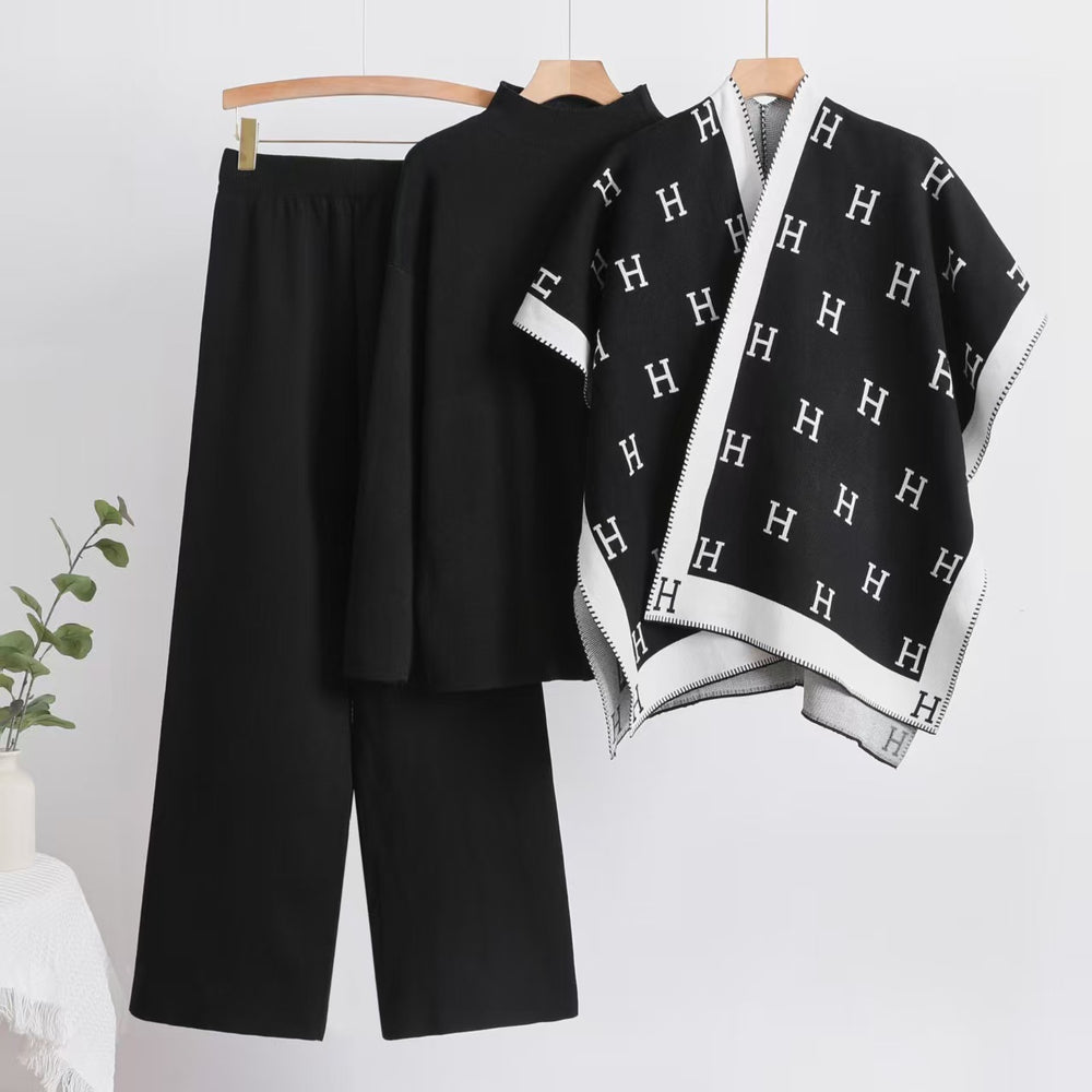 2025 autumn new arrival: chic capelet letter shawl jacket + solid color top + wide-leg pants knit three-piece set