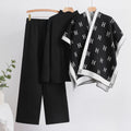 2025 autumn new arrival: chic capelet letter shawl jacket + solid color top + wide-leg pants knit three-piece set