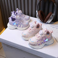 Girls' spring new collection: kids' chunky sneakers with swivel buckle, cartoon design, light-up detail, soft sole, and breathable running shoes