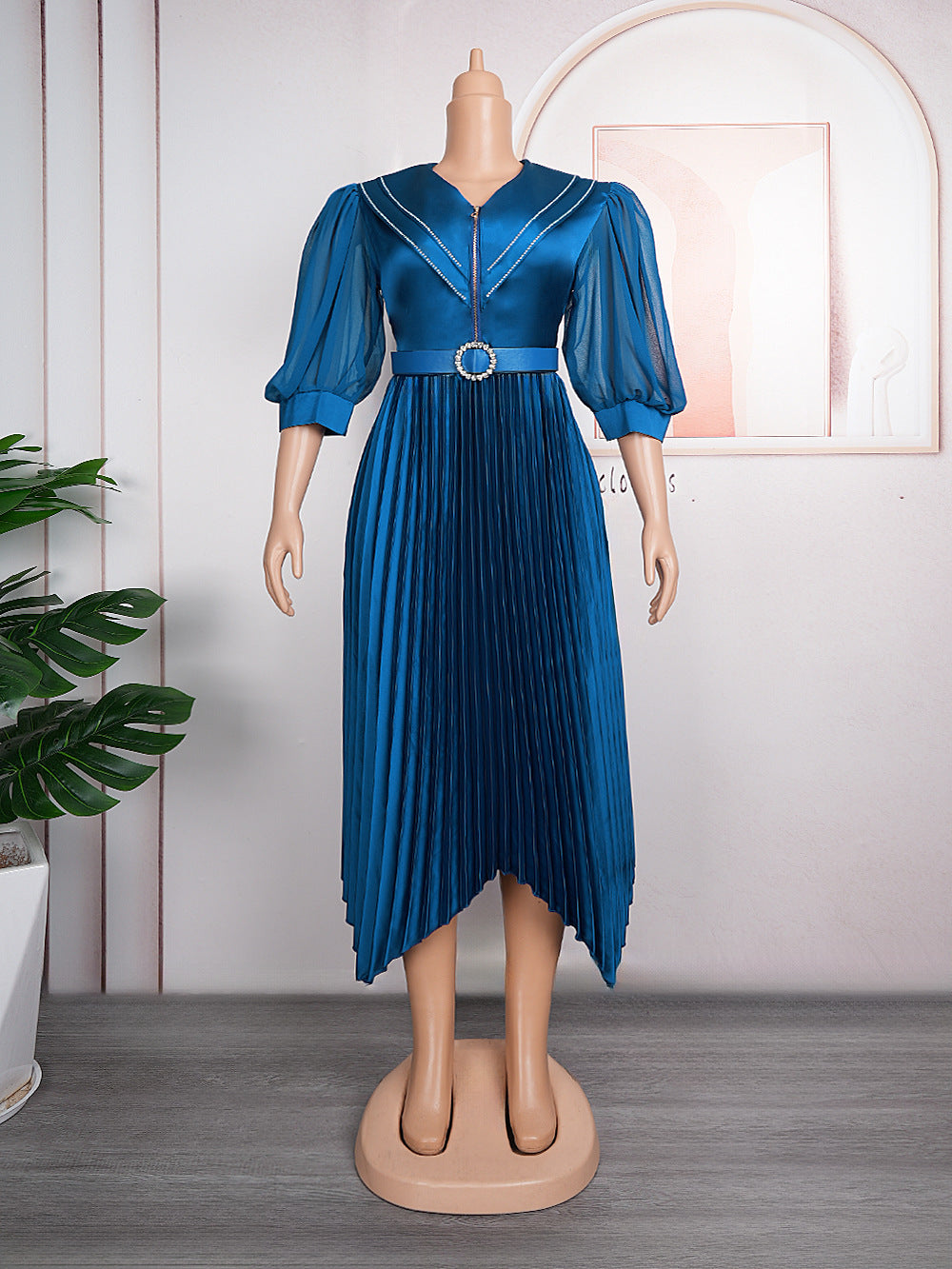 export fashion pleated skirt elegant commute  african women's plus size curvy dress with belt