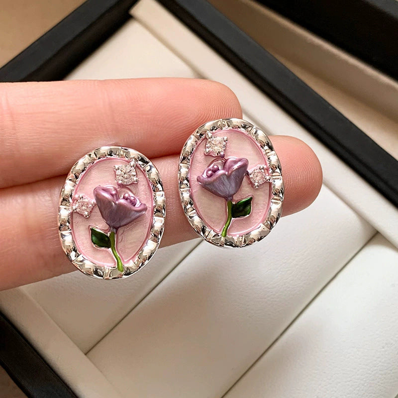 New silver needle monet garden oil painting style enamel earrings, 18k gold plated fashion retro earrings for women