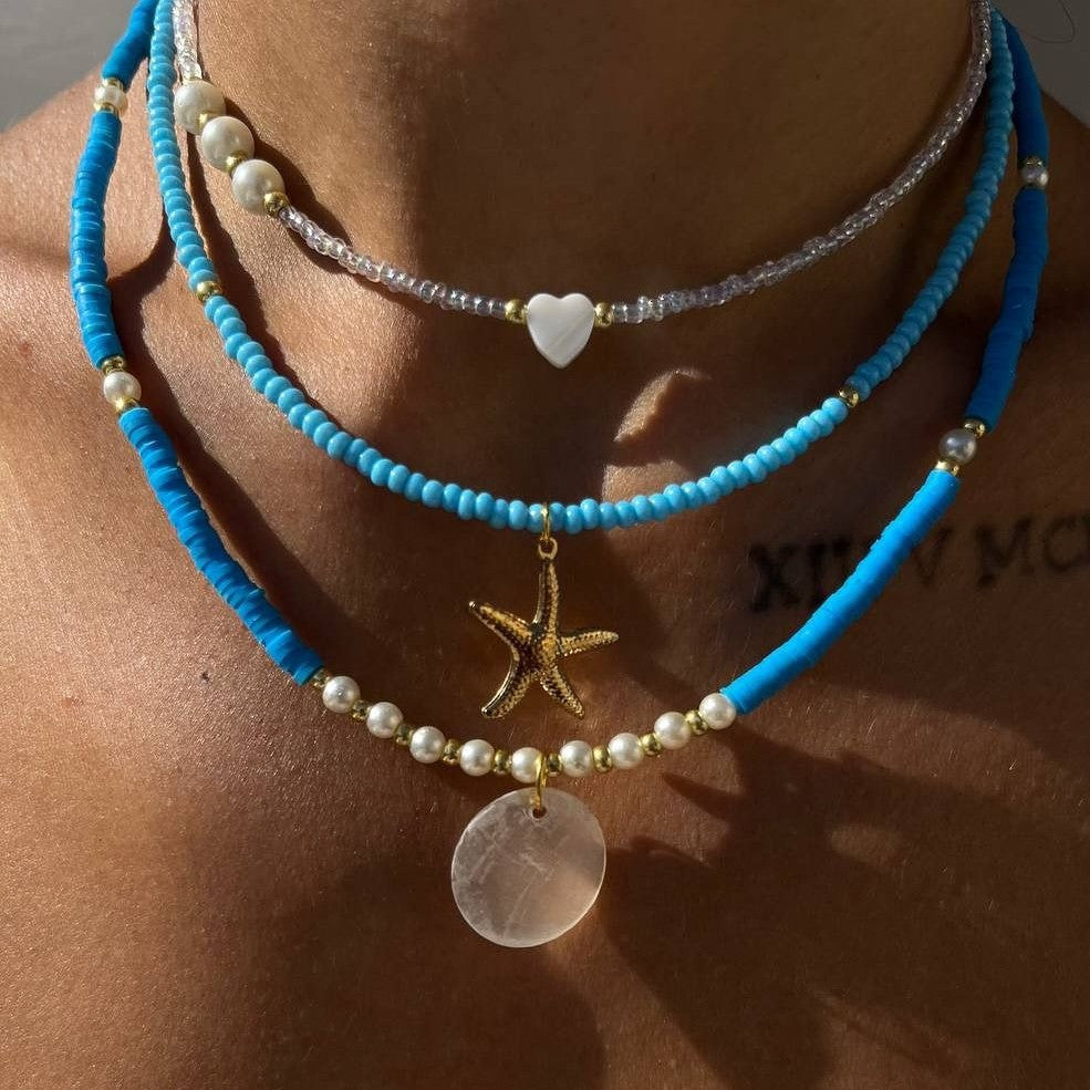 Bohemian seaside necklace wholesale european and american cross-border blue soft clay beaded pendant vacation style starfish clavicle chain