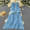 European and american cross-border  autumn new arrival: elegant solid color dress - round neck, rhinestone embellished, loose fit, faux fur trim, pleated maxi dress