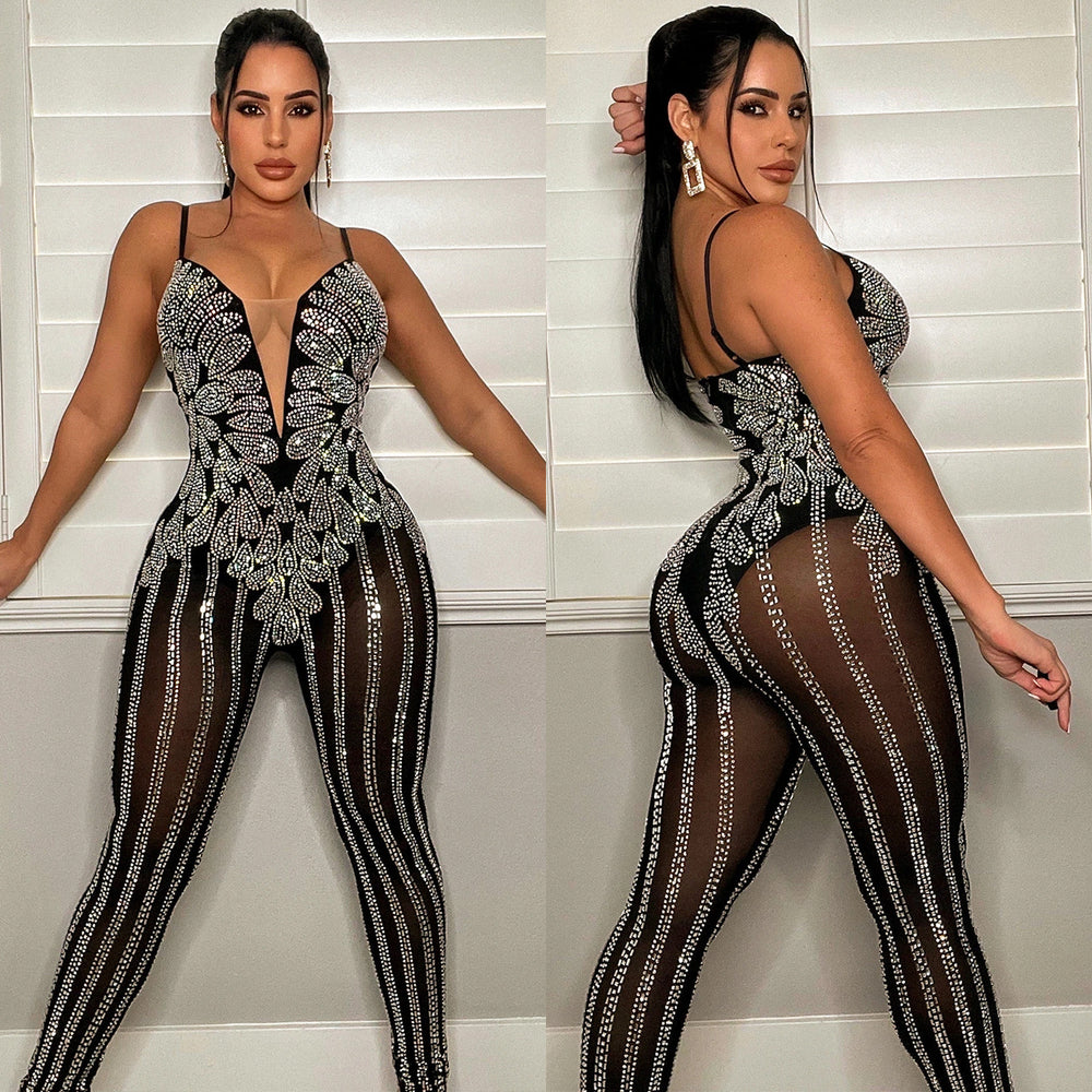 C5866 cross-border fashion nightclub mesh rhinestone see-through suspender jumpsuit women's clothing for  and