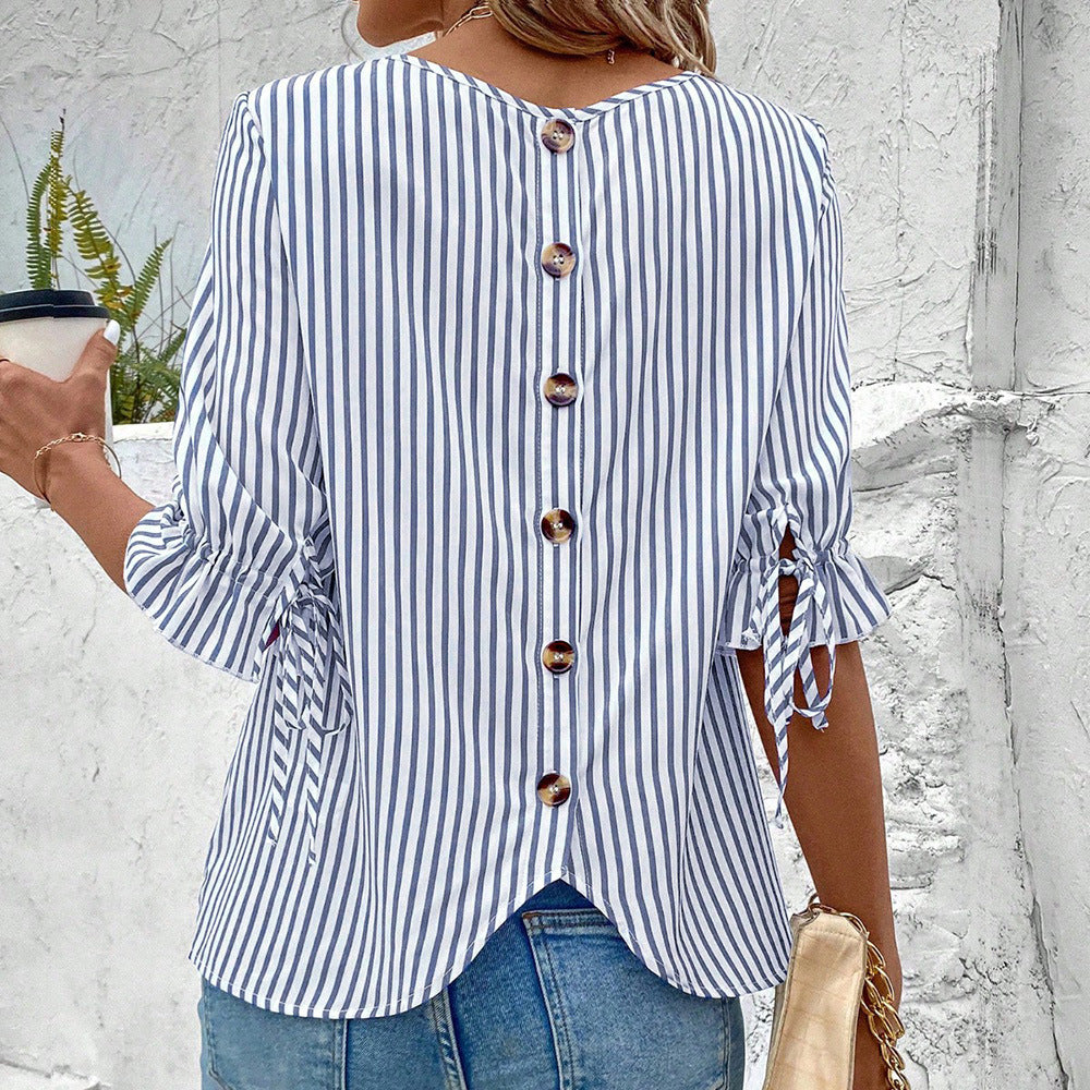 European and american cross-border women's clothing : spring/summer striped cardigan blouse - new loose fit casual women's top