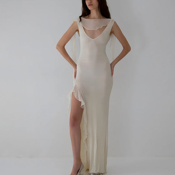 European and American style  summer temperament streamer women's long dress sexy backless high split ruffle edge slim dress