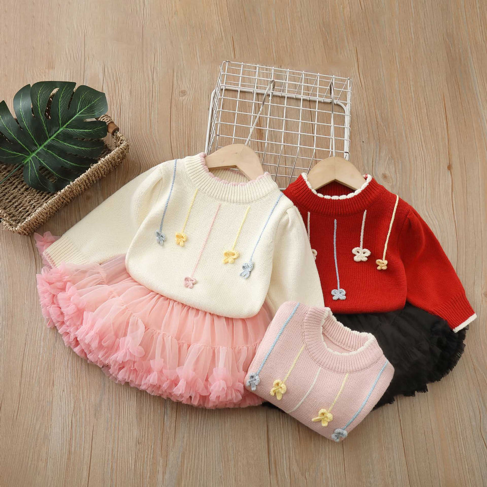 fall/winter new girls' sweater and tutu skirt set - handmade floral knitted outfit for little girls