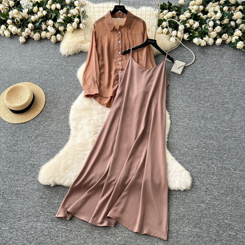Eleganttwo-piece set women's niche style lazy style outer wear thin looselong sleeves sun protection shirt outwear + suspender dress