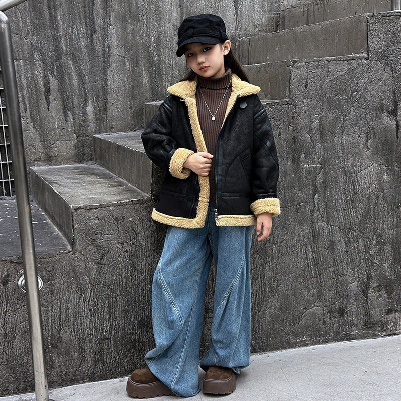 Girls' warm, loose-fit outerwear: new  autumn/winter collection - vintage motorcycle jacket, fleece-lined, extra thick jacket coat