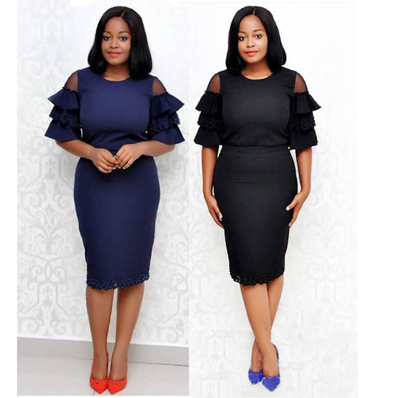 supply silm hip-covering round neck knitting lotus leaf bell mid-sleeve dress beading heavy industry big sale