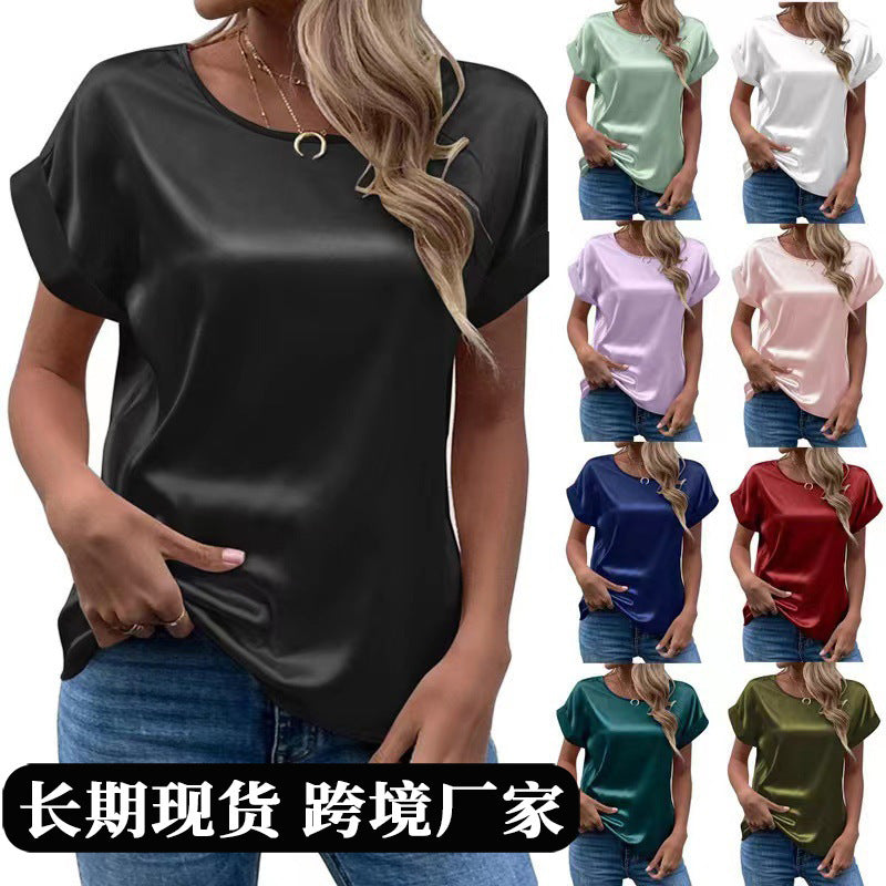 Women's short-sleeve satin blouse - relaxed fit, versatile crew neck, satin shirt - cross-border   new arrival