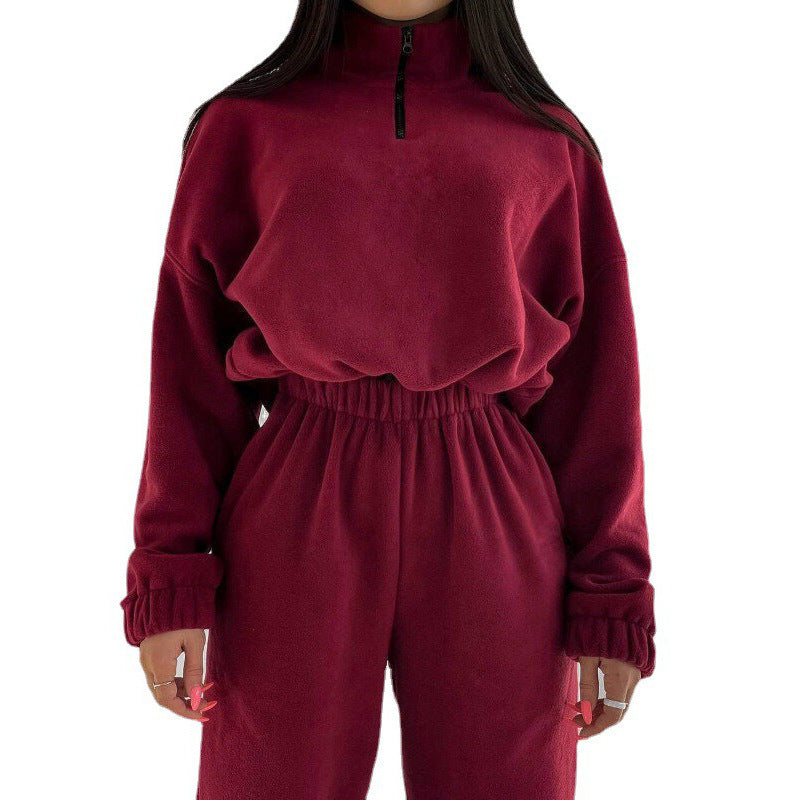 2025 spring/autumn hot-selling new women's amazon fashion solid color loose zip-up stand collar hoodie casual 2-piece set