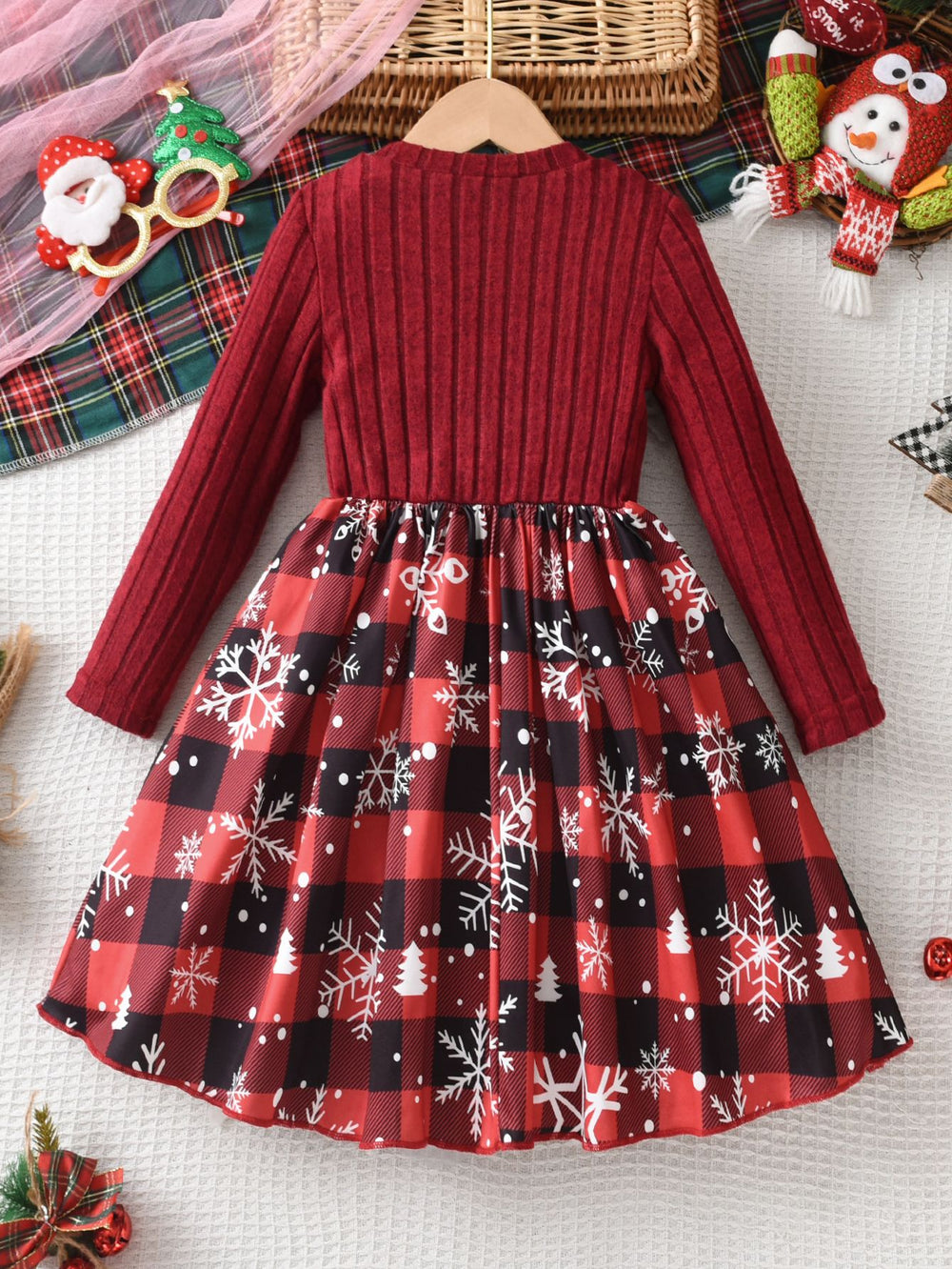 christmas girls' dress - red crew neck long sleeve letter print patchwork plaid skirt