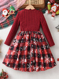 christmas girls' dress - red crew neck long sleeve letter print patchwork plaid skirt