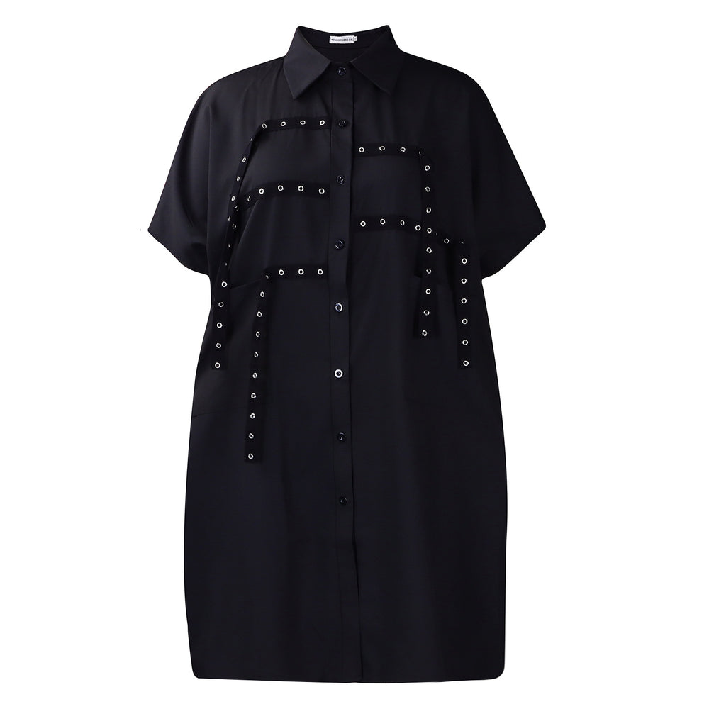 D3334export women's clothing  women's short-sleeved fashion loose lapel shirt mid-length shirt cross-border dress