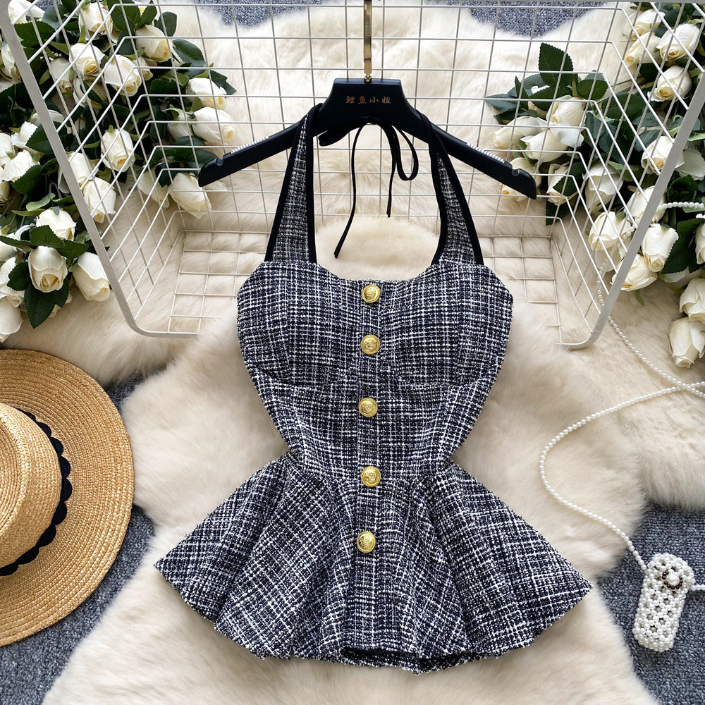 European and american hot girl style halter tank top - women's summer tweed design, unique and chic, pure & sultry, petite-friendly top