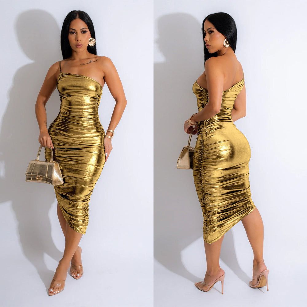C6738 cross-border   fashion women's solid color sexy camisole slant neck ruched dress