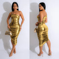 C6738 cross-border   fashion women's solid color sexy camisole slant neck ruched dress