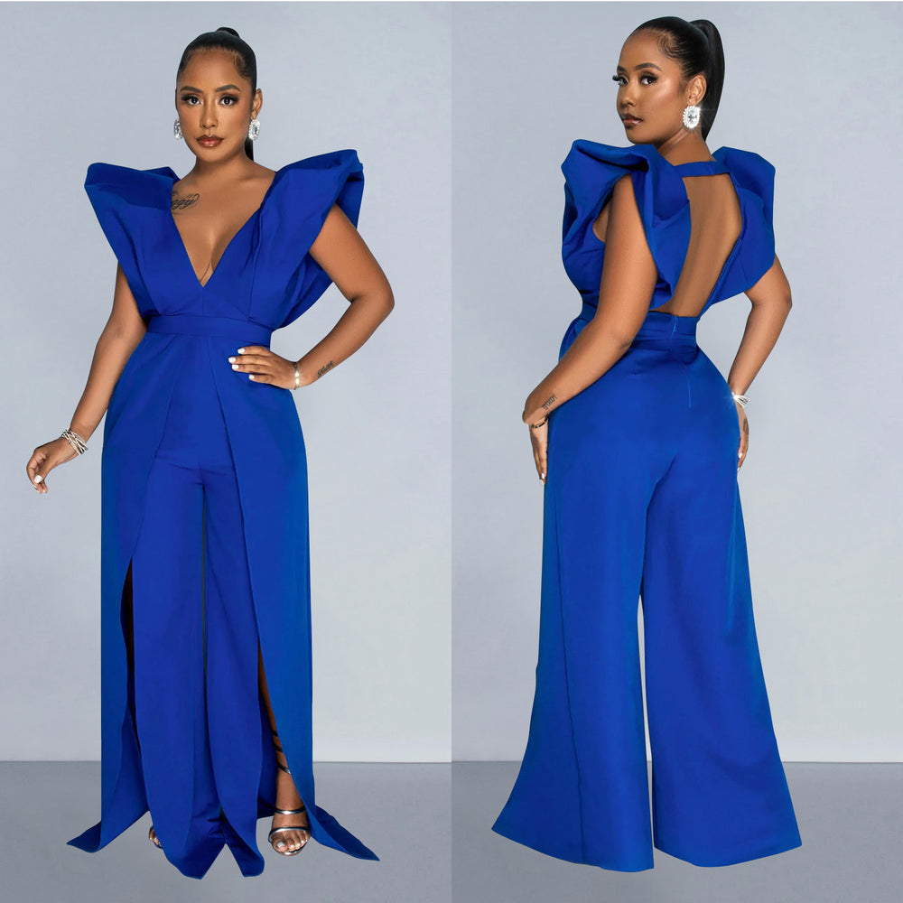 C6805 cross-border   fashion women's solid color sexy v-neck ruched long pants jumpsuit