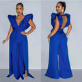 C6805 cross-border   fashion women's solid color sexy v-neck ruched long pants jumpsuit