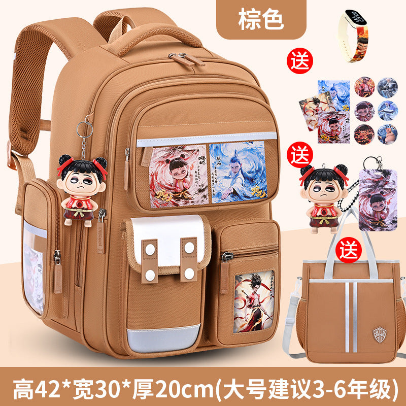 New nezha backpack for boys and girls, grades 1-6: spine protection, lightweight design, and extra-large capacity