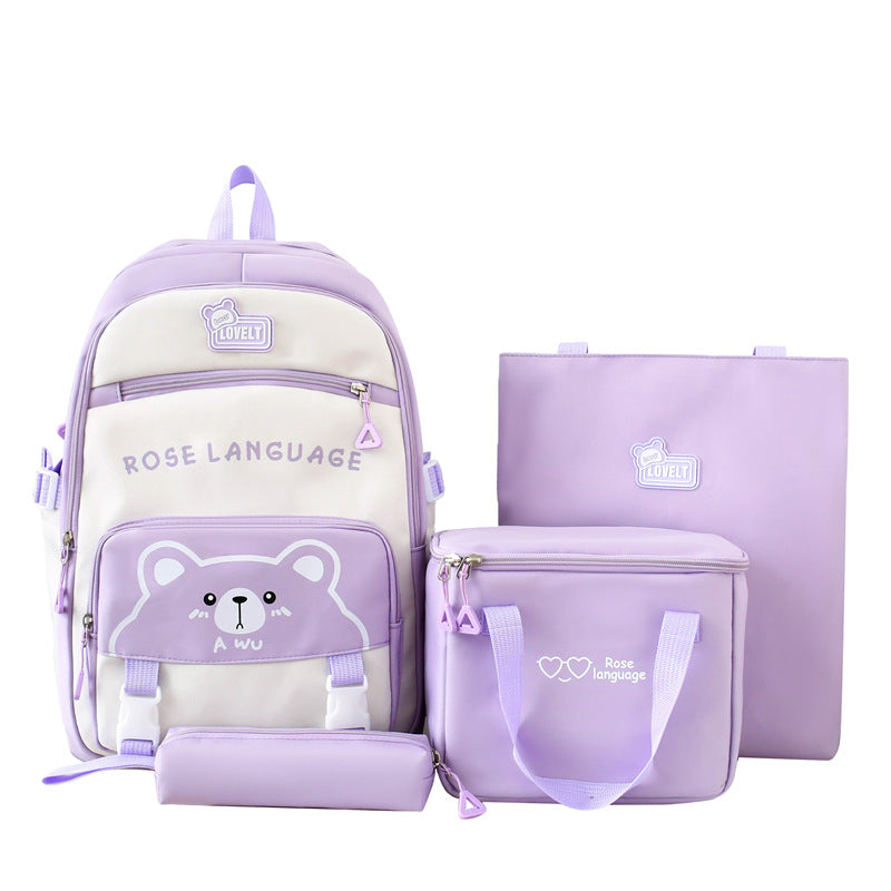 New student schoolbag cute cartoon backpack simple and lightweight large capacity backpack four-piece set for primary and secondary schools