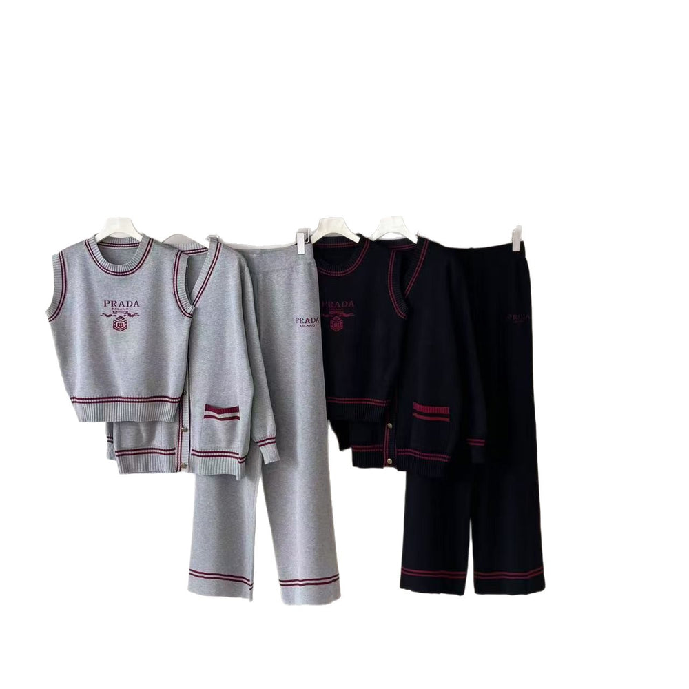 new arrival: letter print sleeveless pullover knit top, cardigan jacket, and casual wide-leg pants three-piece set for women