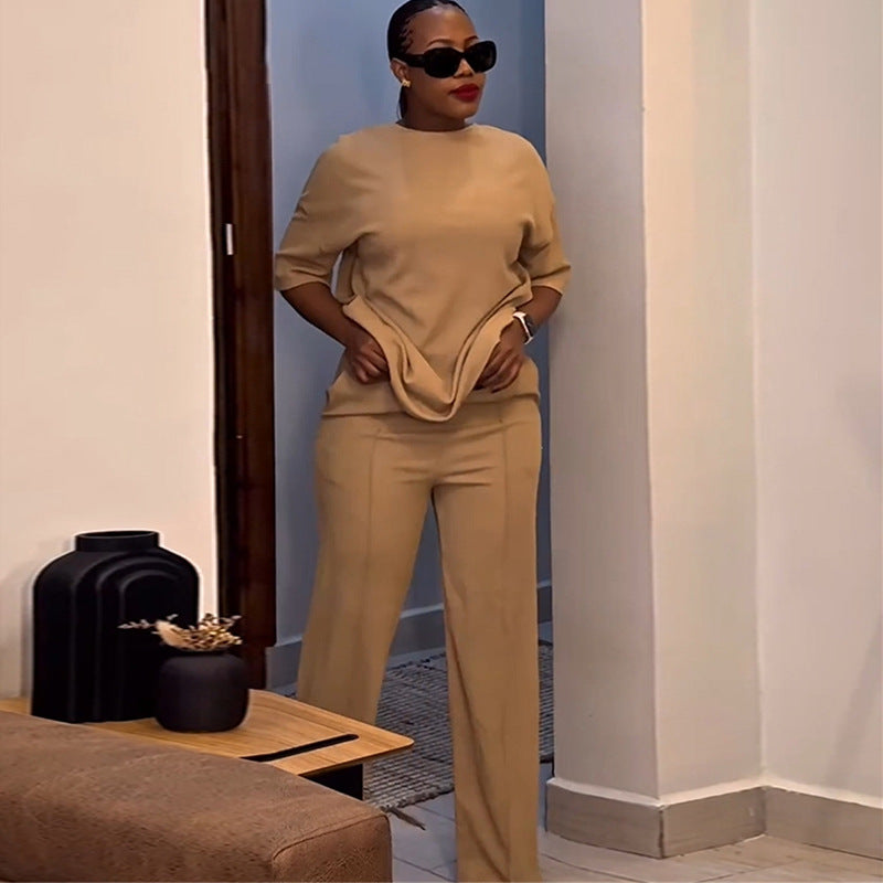 European and american cross-border women's fashion  autumn new arrival casual solid color crew neck loose short sleeve t-shirt and wide leg pants set
