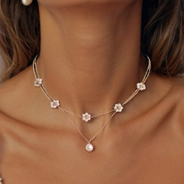 Stylishniche styleclassy petal clavicle chain small fragrant copper plated flower pearl double layer necklace for women