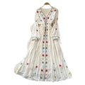 Ethnic embroidered tie-waist dress - women's summer long sleeve v-neck a-line maxi dress - elegant & chic