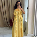 European and american cross-border women's fashion:  spring new arrival - elegant halter neck sleeveless ruffle trim cami dress with 3d floral appliqués