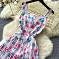 French riviera style printed cami dress - women's summer high-waisted a-line dress - slimming ruffle hem elegant maxi dress
