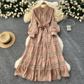 Frenchretrolacepatchwork lantern long sleevesdress women's tie back waist single breasted large swing palace style long skirt