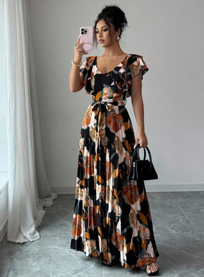 european and american new light blue floral maxi dress - v-neck, ruffle flutter sleeves, cinched waist, tie-waist, long floral print dress