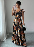 european and american new light blue floral maxi dress - v-neck, ruffle flutter sleeves, cinched waist, tie-waist, long floral print dress