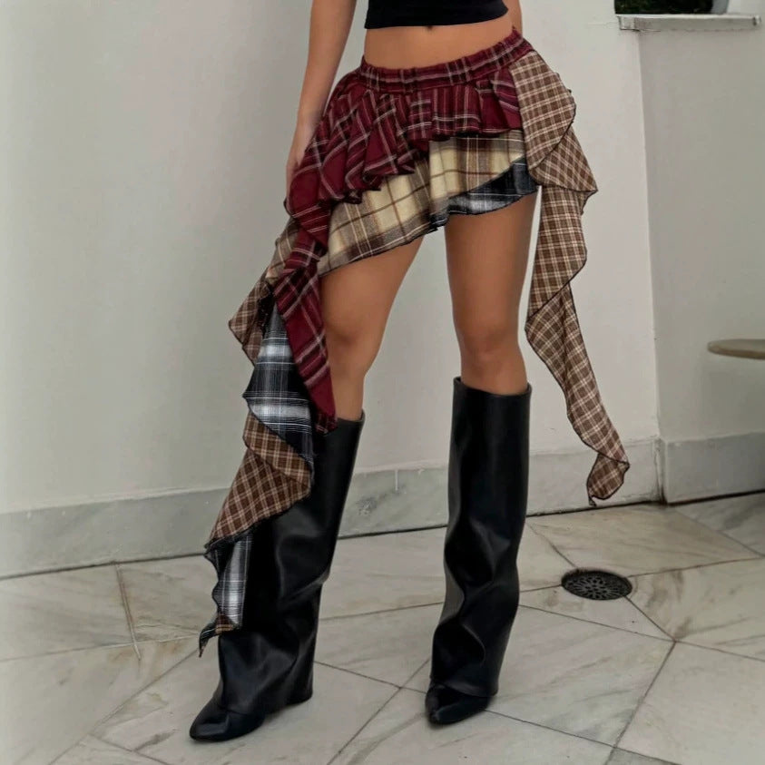 asymmetrical ruffle trim mixed plaid mini skirt - fashionable design skirt