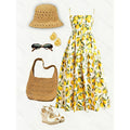 Women's summer new fashion vacation fruit print ruched waist a-line maxi dress