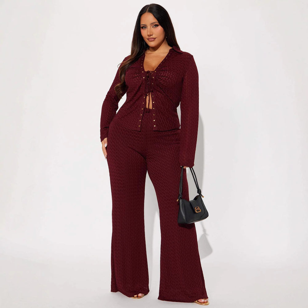autumn women's casual turn-down collar long sleeve tie-front shirt and pants set - summer outfit