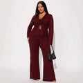 autumn women's casual turn-down collar long sleeve tie-front shirt and pants set - summer outfit