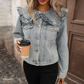 Wish cross-border new european and american  women's casual jacket long sleeve peter pan collar denim jacket long sleeve cropped style