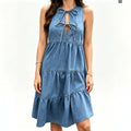 european and american summer new style bowknot sleeveless denim dress - women's european and american fashion trendy ruched mini dress